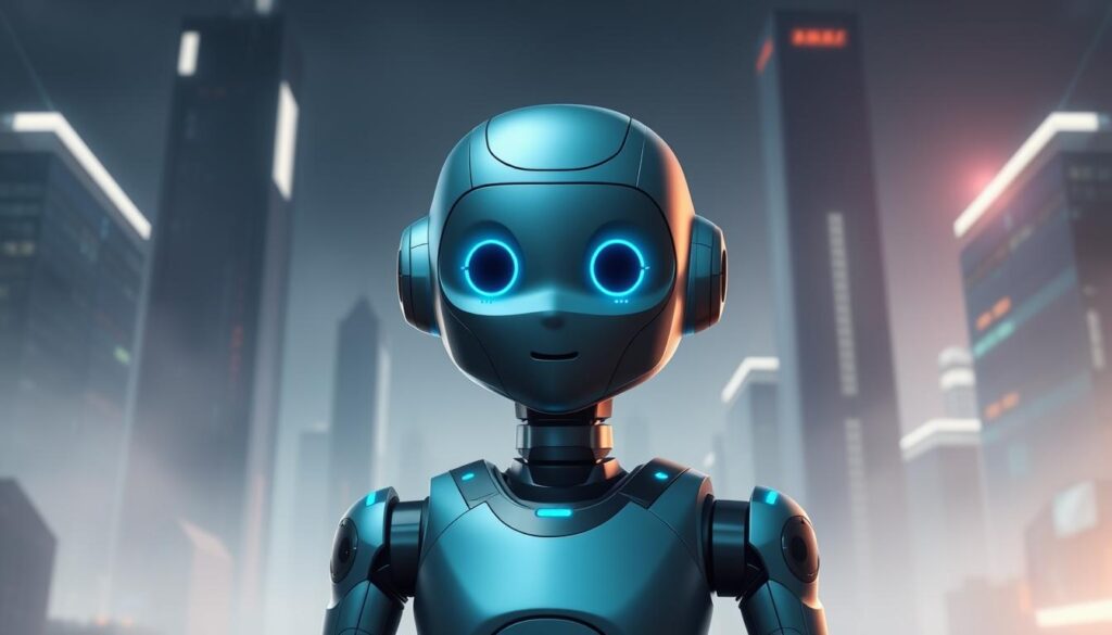 A sleek, modern-looking AI assistant bot, rendered in a minimalist, high-tech style. The bot is positioned prominently in the center of the frame, with a clean, streamlined design featuring smooth metallic surfaces and glowing blue accents. The bot has a friendly, approachable expression, conveying a sense of intelligence and usefulness. The background is a futuristic cityscape, with towering skyscrapers and hazy, atmospheric lighting that creates a sense of depth and scale. The overall mood is one of advanced technology, efficiency, and the seamless integration of AI into everyday life.