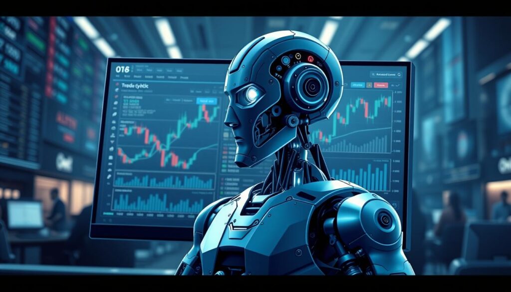 a highly detailed, hyper-realistic digital illustration of a crypto trading bot, with a clean and modern user interface displayed on a sleek, high-resolution computer monitor. The bot is depicted in the foreground, surrounded by a mid-ground of various technical graphs, charts, and financial data visualizations, all set against a softly blurred background of a bustling trading floor or financial district cityscape. The lighting is cool and slightly dramatic, with strategic highlights and shadows emphasizing the bot's complex mechanical workings and intelligent algorithms. The overall mood is one of technological sophistication, precision, and the power of AI-driven financial automation.